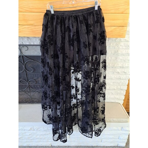 Black Velvet Burnout Floral Sheer Maxi Skirt Elastic Waist Women's Large Gothic - Picture 6 of 9